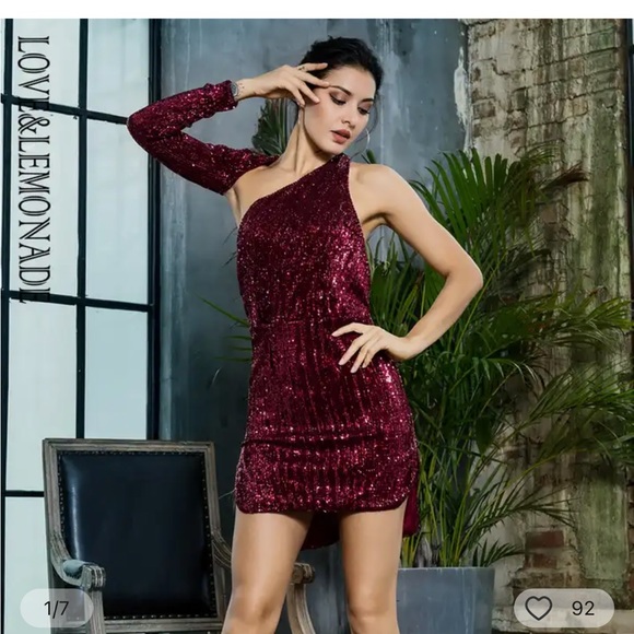 Love & Lemonade Burgundy Red Sequin One Shoulder Bodycon Mini Dress Size XS - Picture 1 of 6